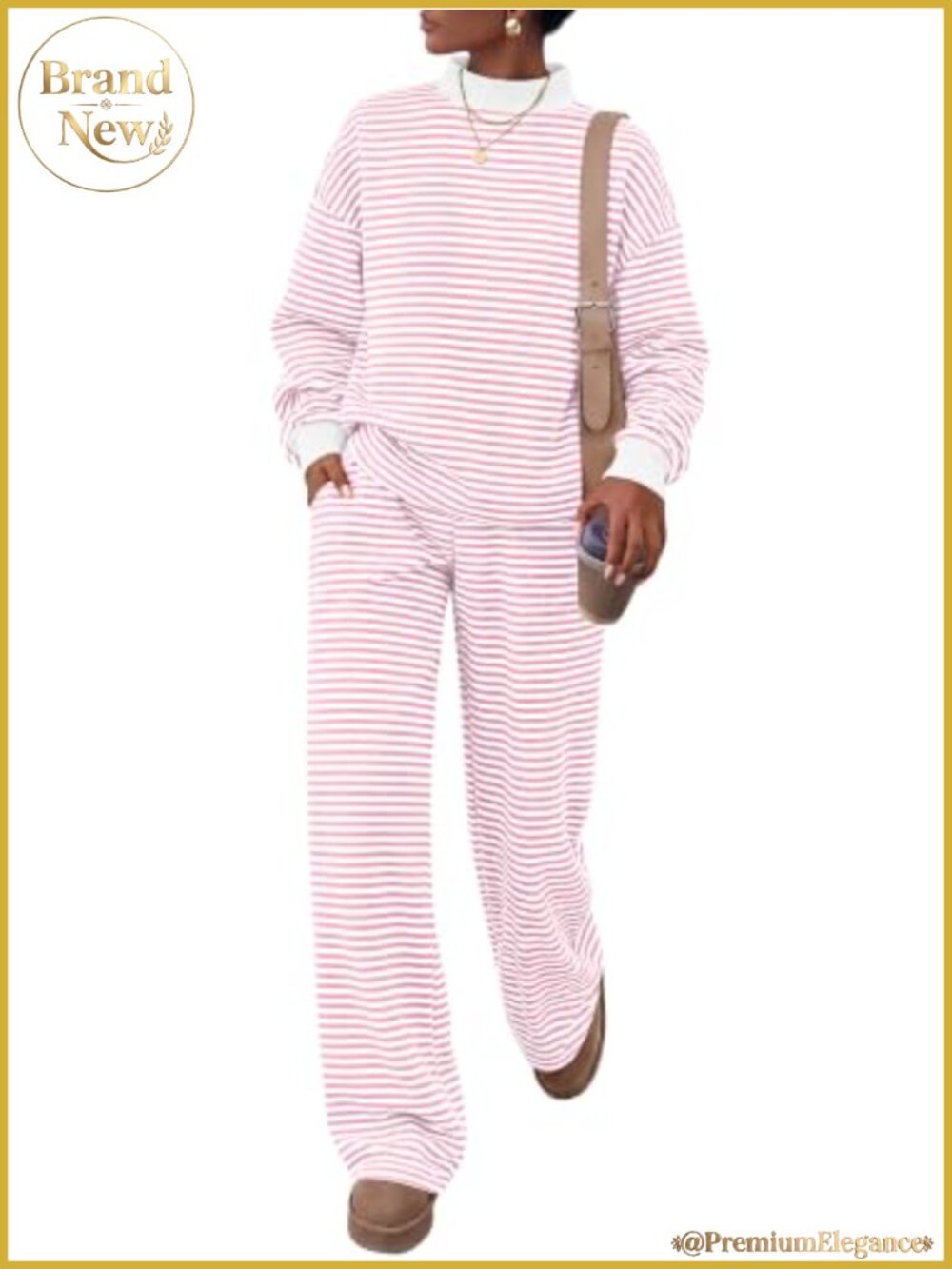 Two Piece Lounge Set Striped Mock Neck Wide Leg Pants Oversized Sweatsuit